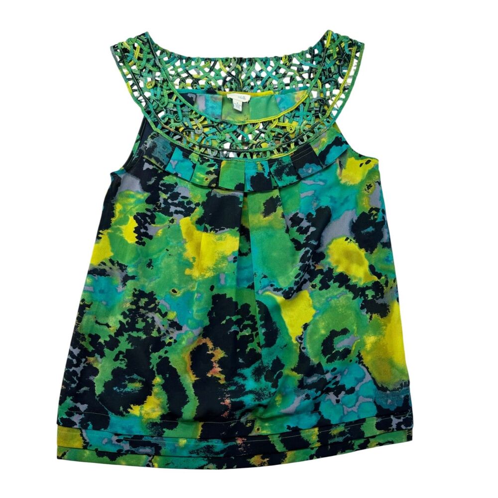 Odille Top Women's 4 Green Black Abstract Sleeveless Scoop Neck Pleated Blouse